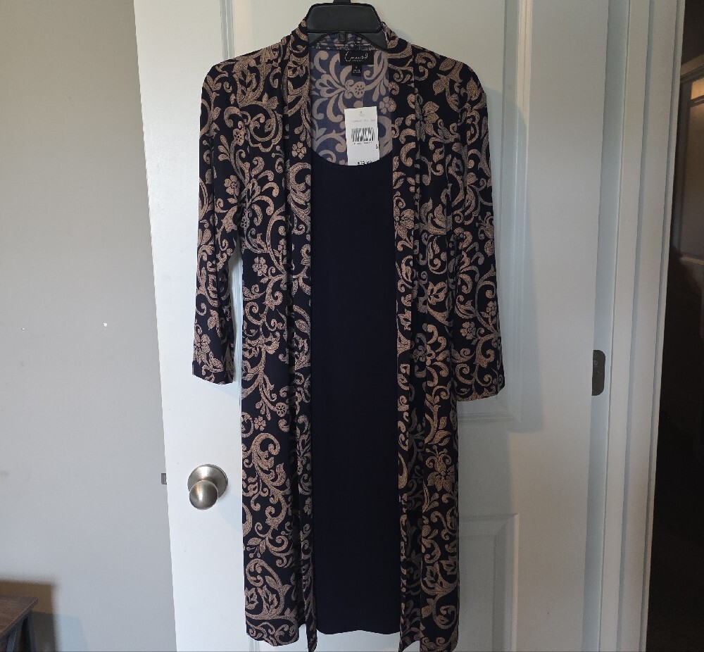 connected apparel Black Dress with Beige Floral-Patterned Duster - Picture 3 of 15